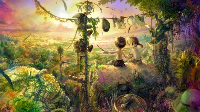 Fantasy art painting of children in a jungle habitat
