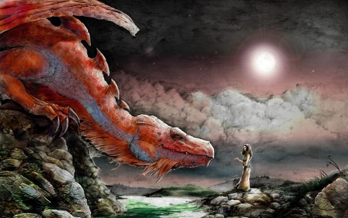 Fantasy art of a dragon and a woman