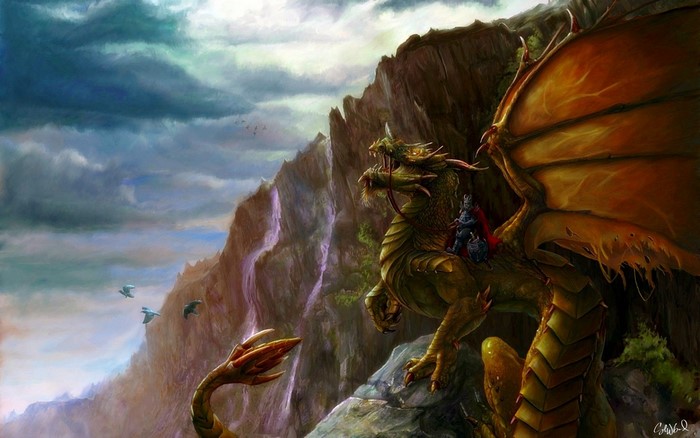 Dragon with a knight on its back on a cliff