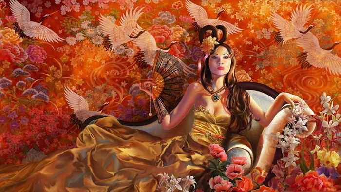 Painting of a woman with cranes and flowers