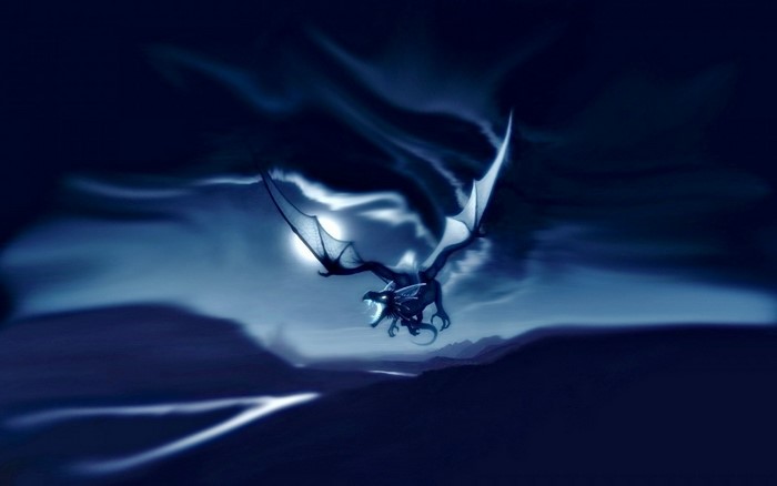 A blue dragon flying in the night sky