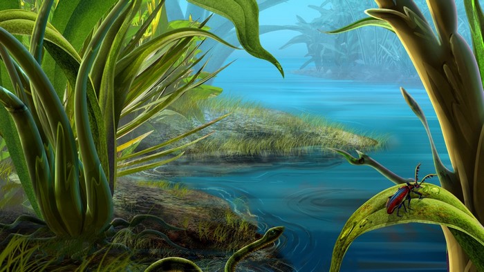 A swampy jungle scene with a snake and an insect