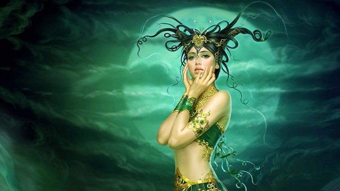 Fantasy woman with ornate headdress and green attire
