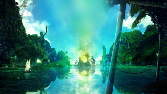 Fantasy landscape with statues and a glowing energy source
