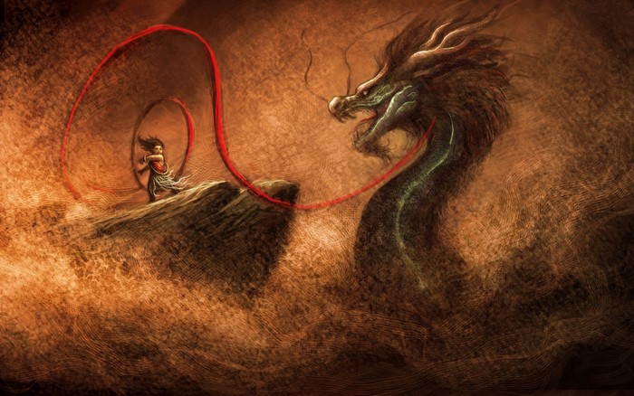 Nezha fighting a dragon with a red ribbon