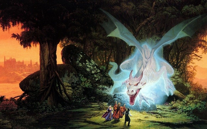 Fantasy art of a dragon appearing to people in a forest