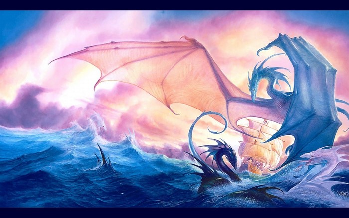 Dragons attacking a ship at sea by John Howe