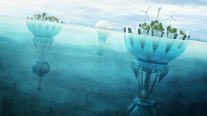 Futuristic underwater cities with wind turbines