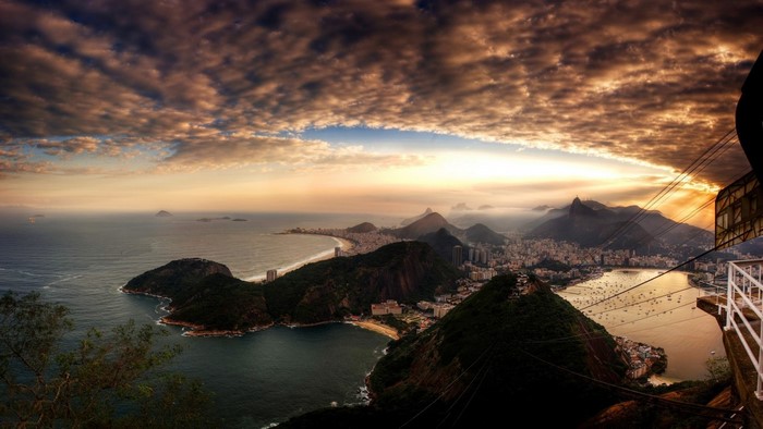 Sunset over Rio de Janeiro with Sugarloaf Mountain and cable car