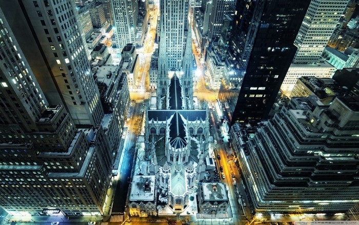Aerial view of St. Patrick's Cathedral in New York City at night