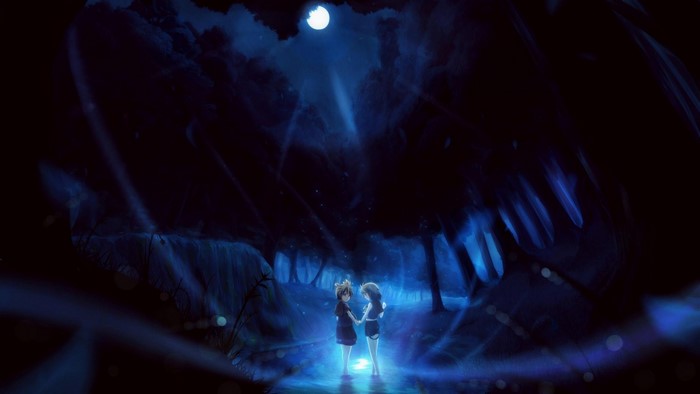 Two anime girls holding hands in a dark forest under the moon