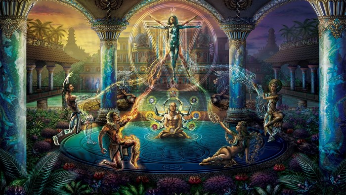 Fantasy art of spiritual figures and elements