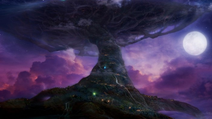 Fantasy world with a giant tree and moon