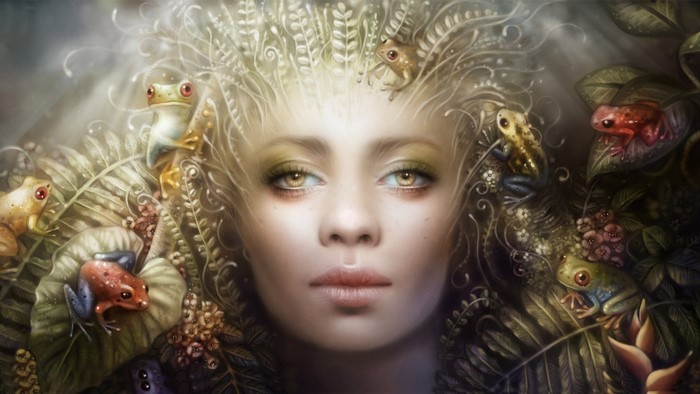 Fantasy art of a woman with frogs in her hair