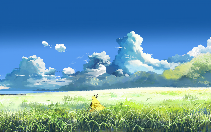 Pikachu in a grassy field with clouds