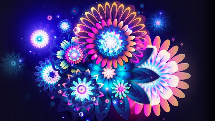 Psychedelic fractal flowers with glowing neon lights