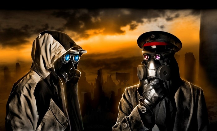Two figures in gas masks in an apocalyptic landscape