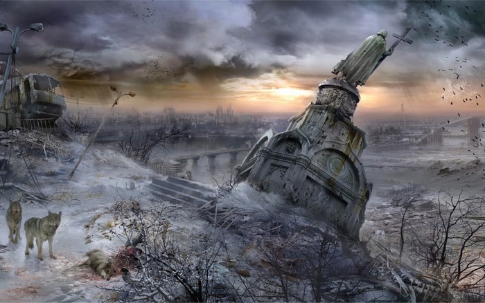 Apocalyptic winter cityscape with wolves and a ruined monument