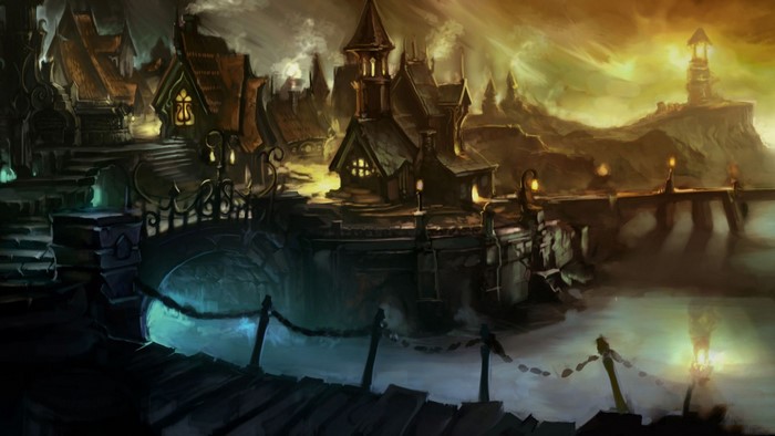 Artwork of a dark, fantasy-themed town with a lighthouse.