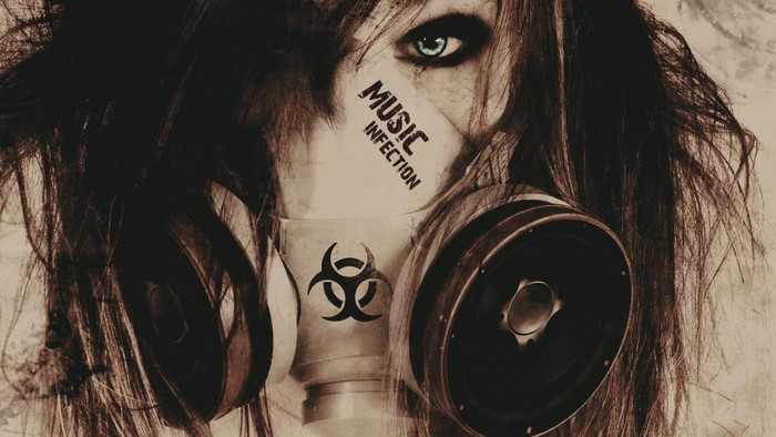 Person wearing a gas mask with "MUSIC INFECTION" text