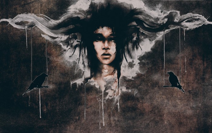 Dark Fantasy Illustration of a Woman with Ravens