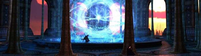 Fantasy portal with figures in a grand hall