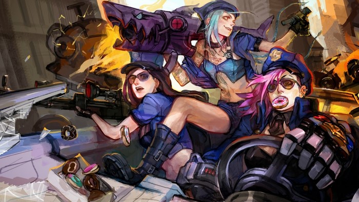 Jinx and Vi from League of Legends in a chaotic scene