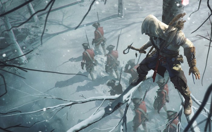 Connor from Assassin's Creed III in a snowy forest