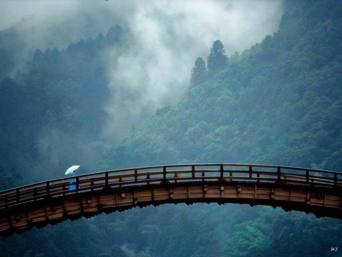 Person with umbrella on a bridge in misty mountains