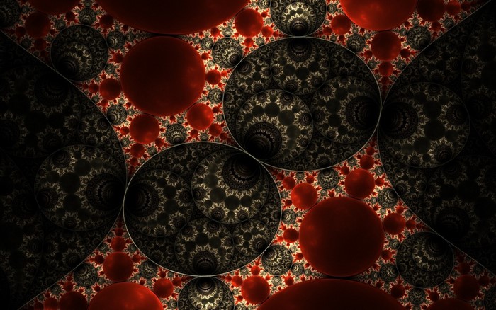 Abstract fractal pattern with red circles and black gears
