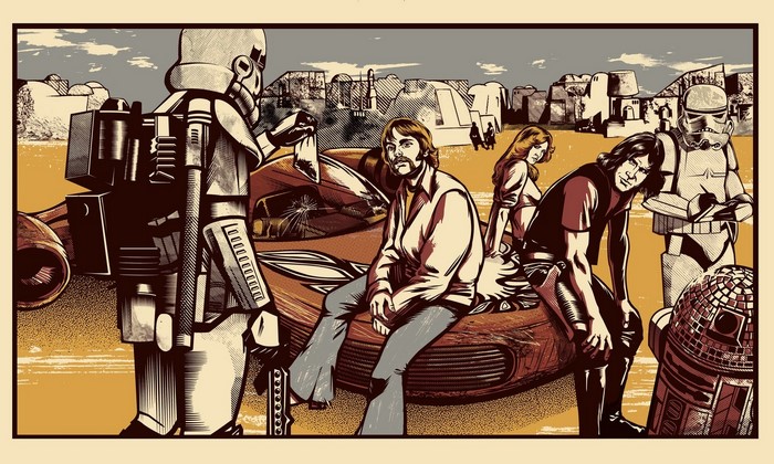 Star Wars characters and stormtroopers on Tatooine