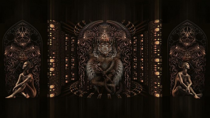Dark Fantasy Artwork with Figures and Abstract Elements