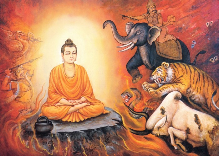 Buddha meditating surrounded by demons and an elephant