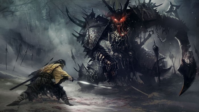 Samurai fighting a demonic monster in a dark fantasy setting