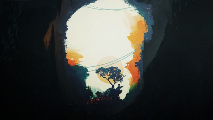 Fantasy cave with a lone figure and a tree