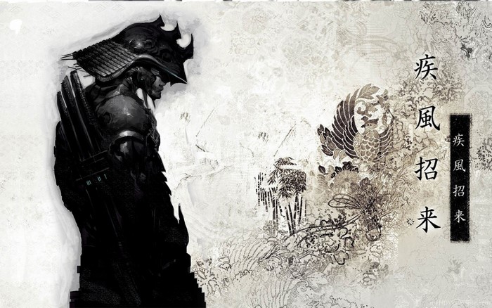 Samurai warrior with Japanese calligraphy and art