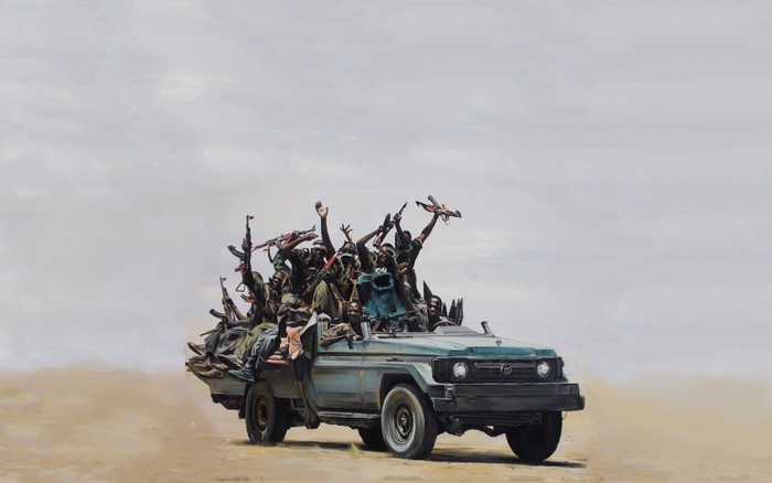 Militia in a Toyota vehicle with Cookie Monster