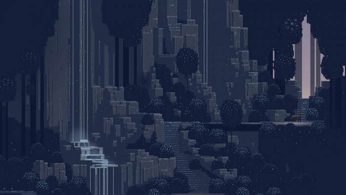 Pixel art waterfall in a dark, rocky landscape
