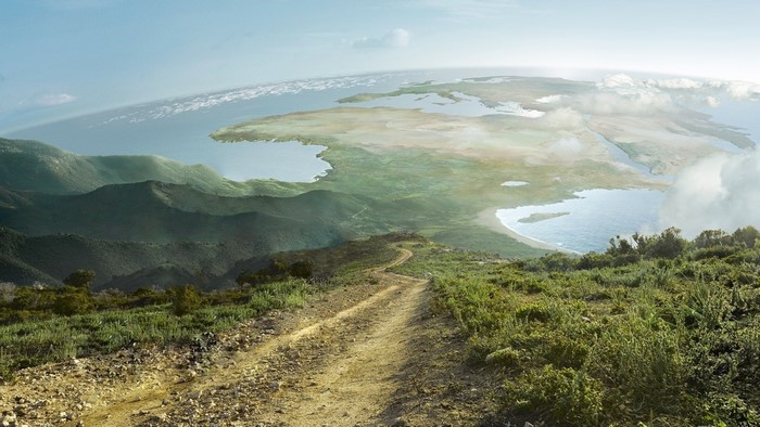 Panoramic view of a curved landscape with mountains and sea