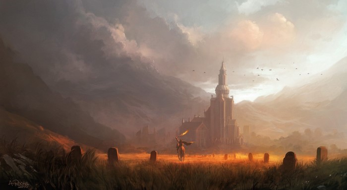 Fantasy art of a knight with a flaming sword near a castle