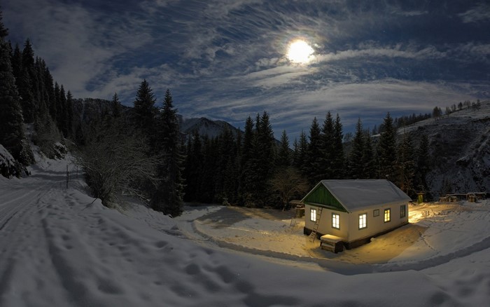 Winter house under the moonlit sky