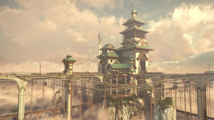 Fantasy city with pagodas and railways above clouds