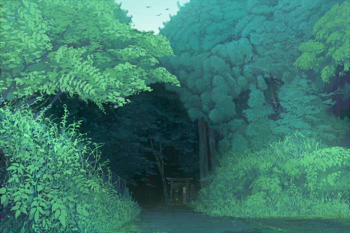 Anime forest path with shrine