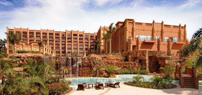 sunbed, pool, resort, travel, Uganda, orange, water, vacation, Hotel, waterfall, Kampala Serena, booking