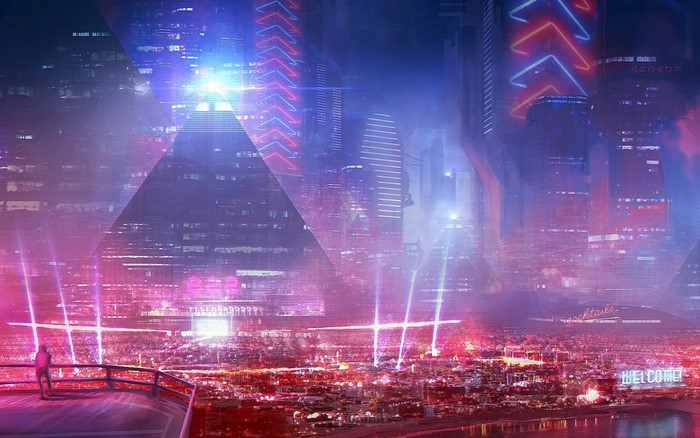 Futuristic cityscape with neon lights and a stadium