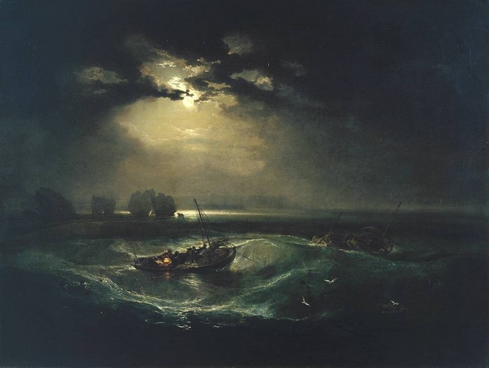 Moonlit storm at sea with ships