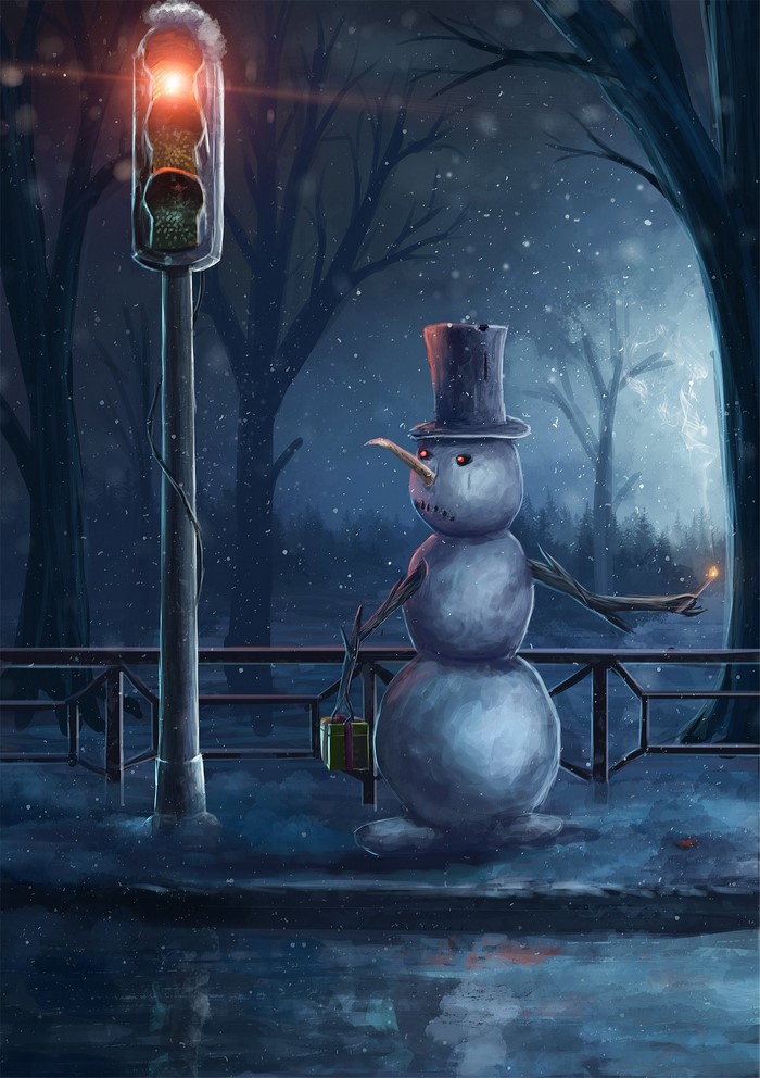 Snowman with a gift and a lit match by a traffic light in winter