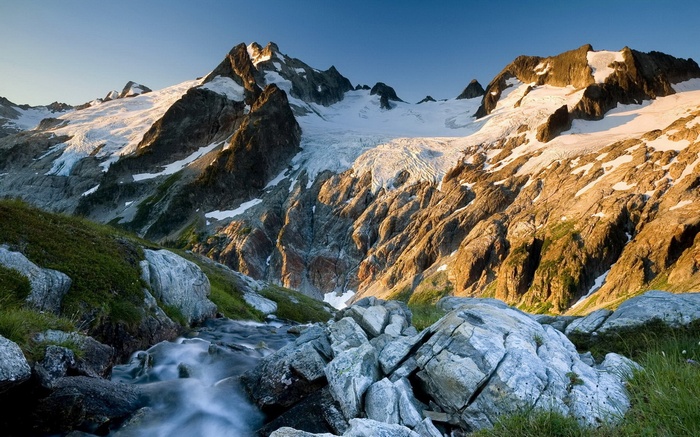 Mountain range with glacier and stream