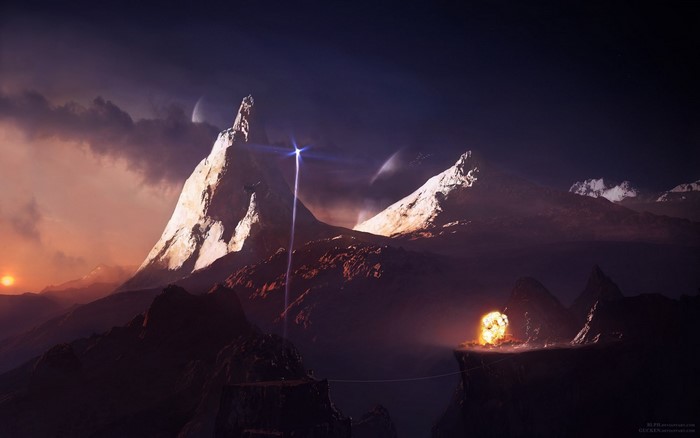 Explosion on a mountain peak with a light beam