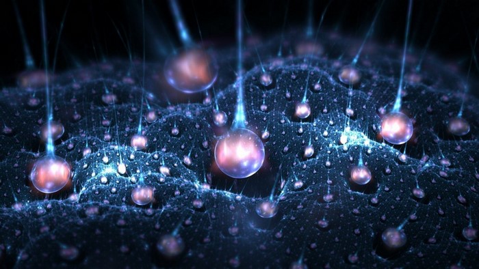 Abstract fractal art with glowing spheres and light beams